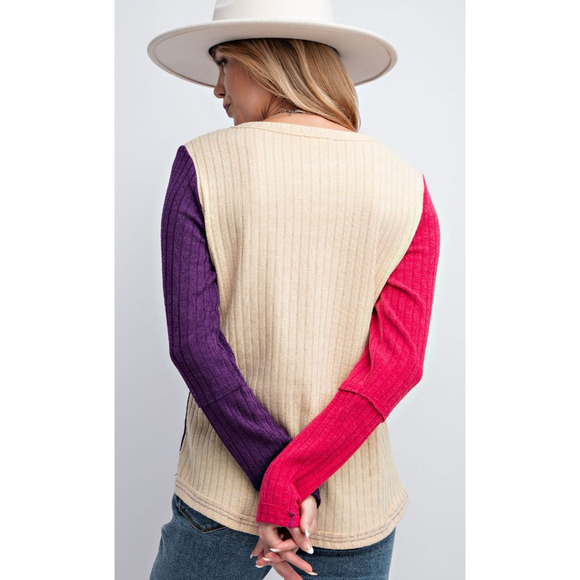 Easel ET17884 Large | Color Block Ribbed Top Plum Pink - Picture 3 of 3
